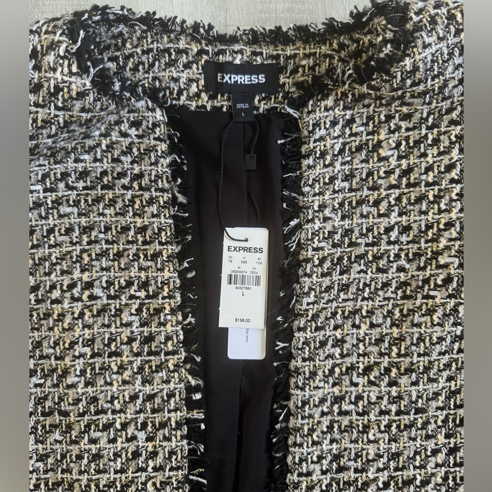 Express Tweed Collarless Fringe-Trim Jacket - Picture 3 of 5